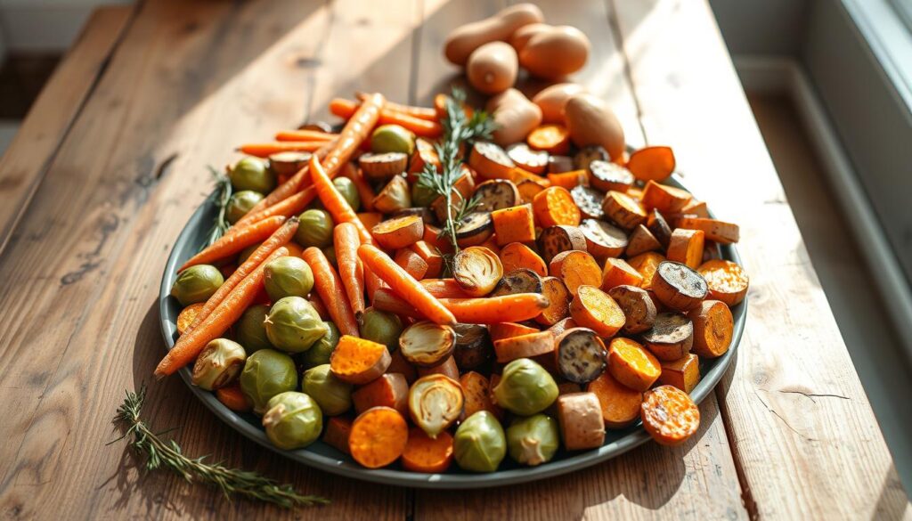 A beautifully arranged spread of roasted vegetables on a rustic wooden table, bathed in soft, natural daylight. Vibrant carrots, tender Brussels sprouts, and caramelized sweet potatoes fill the frame, their warm, earthy tones complemented by the minimalist, editorial-style setting. The vegetables are meticulously positioned, creating a visually striking yet inviting composition that beckons the viewer to savor the harvest-fresh flavors. Hints of greenery and aromatic herbs add depth and texture, while the clean, uncluttered background allows the star ingredients to shine. This image perfectly captures the essence of roasted vegetables - a simple, yet deeply satisfying culinary delight.