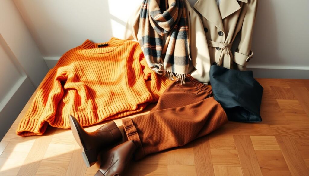 A cozy autumn wardrobe laid out on a wooden surface, illuminated by soft natural light. In the foreground, a knit sweater in a warm ochre hue, a pair of tailored corduroy pants, and a pair of leather ankle boots. In the middle ground, a plaid scarf in earthy tones and a structured trench coat in a neutral beige. In the background, a minimalist backdrop of clean white walls, adding an airy, editorial feel to the scene. The overall mood is one of effortless sophistication, perfect for a range of fall activities and occasions.