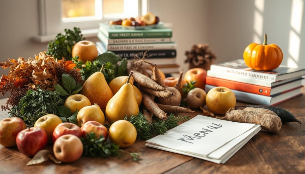 A cozy autumnal still life showcasing the season's bounty. In the foreground, a wooden table is artfully arranged with an assortment of seasonal produce - plump pears, tart apples, earthy root vegetables, and fragrant herbs. Soft natural light filters in from a nearby window, casting a warm, golden glow over the scene. In the middle ground, a handwritten menu rests atop a stack of cookbooks, hinting at the delectable fall feast to come. The background features a minimalist, neutral-toned backdrop, allowing the vibrant colors and textures of the ingredients to take center stage. An inviting, editorial-style composition that captures the spirit of mindful, seasonal menu planning.