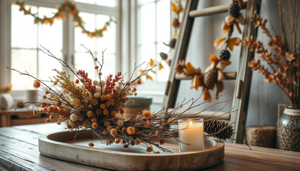 A cozy vignette of rustic autumn decor with natural elements. In the foreground, a wooden tray holds a bouquet of dried flowers and twigs, with a single flickering candle. In the middle ground, a weathered wooden ladder leans against the wall, adorned with garlands of dried leaves and pinecones. The background features a large window, allowing soft natural daylight to stream in, illuminating the warm, earthy tones. The scene evokes a sense of calm, inviting atmosphere, perfect for a serene autumnal vignette.