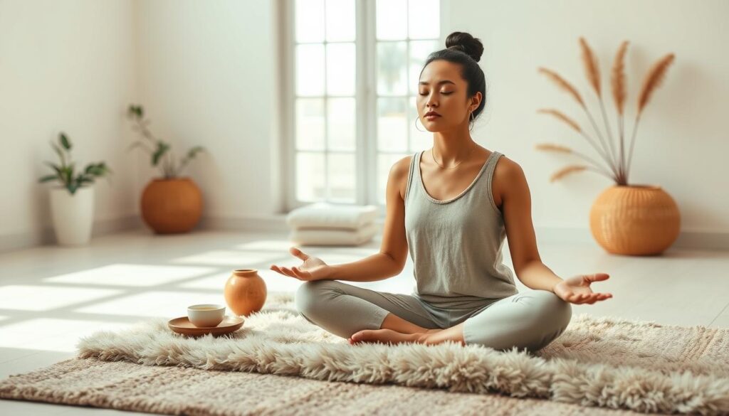 A serene setting showcasing mindfulness techniques. In the foreground, a person sitting cross-legged on a plush rug, eyes closed, hands resting gently on their lap, embodying a tranquil meditation pose. The middle ground features various self-care objects like a ceramic incense burner, a small potted plant, and a cup of herbal tea. The background depicts a minimalist, sun-drenched room with clean white walls and soft natural lighting, creating a calming, spa-like atmosphere. Warm, earthy tones and a sense of balance and harmony permeate the scene, inviting the viewer to pause and embrace mindful living.