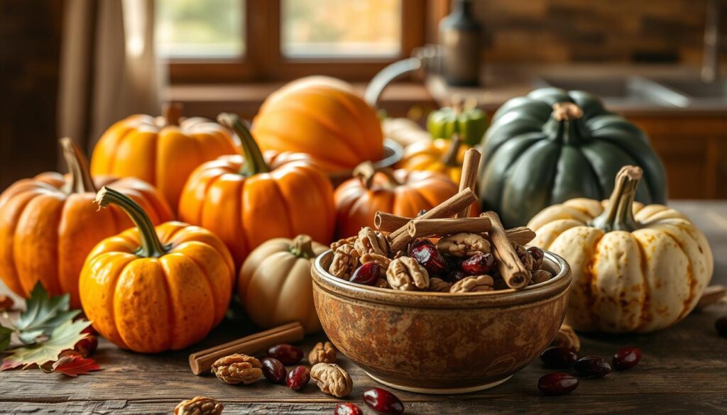 Autumn ingredients artfully arranged on a rustic wooden table. In the foreground, an assortment of seasonal produce - plump pumpkins, crisp apples, and vibrant squash. In the middle ground, a ceramic bowl overflows with walnuts, cinnamon sticks, and dried cranberries. Soft natural light filters through the window, casting a warm glow over the scene. The overall mood is cozy and inviting, capturing the essence of the fall harvest.