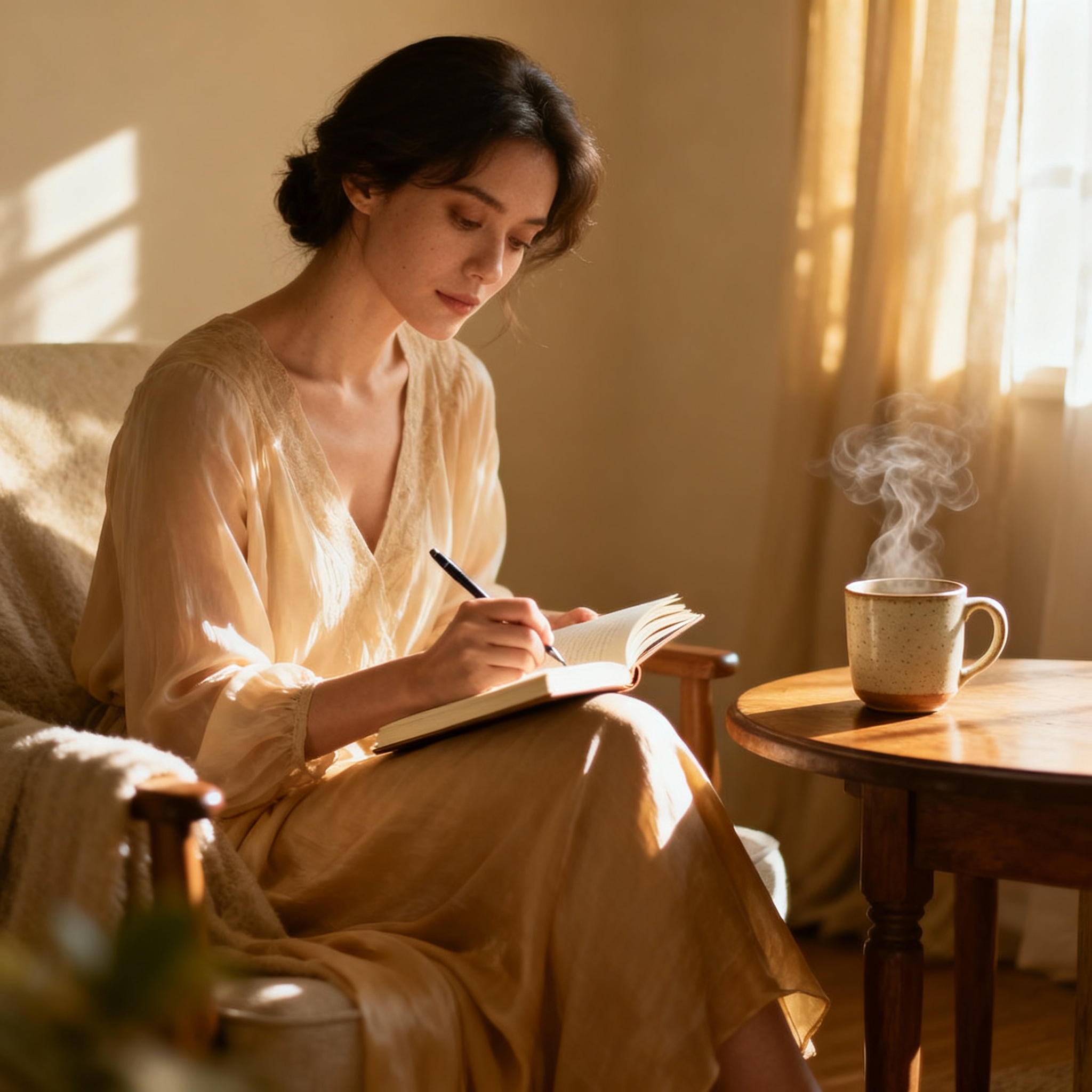 Woman seating on a chair journaling while having a beverage