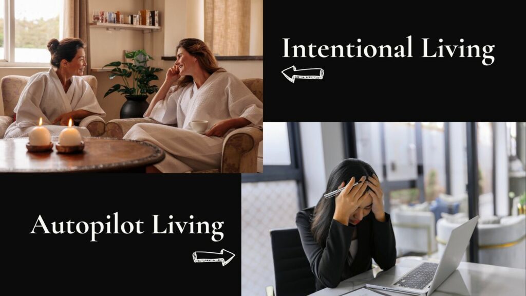 Two women at a spa enjoying the present moment versus a woman on autopilot on a laptop