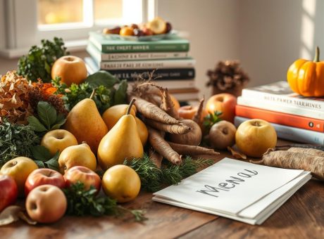 A cozy autumnal still life showcasing the season's bounty. In the foreground, a wooden table is artfully arranged with an assortment of seasonal produce - plump pears, tart apples, earthy root vegetables, and fragrant herbs. Soft natural light filters in from a nearby window, casting a warm, golden glow over the scene. In the middle ground, a handwritten menu rests atop a stack of cookbooks, hinting at the delectable fall feast to come. The background features a minimalist, neutral-toned backdrop, allowing the vibrant colors and textures of the ingredients to take center stage. An inviting, editorial-style composition that captures the spirit of mindful, seasonal menu planning.
